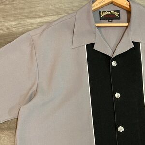 Casino Wear Lucky Dice Buttons Men's Gray Black Retro Bowling Shirt Sz 2XL